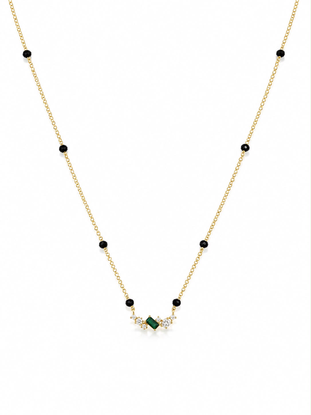Minimal Black Bead Gold-Plated Mangalsutra with Green Stone & Crystal Accents