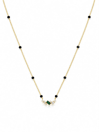 Minimal Black Bead Gold-Plated Mangalsutra with Green Stone & Crystal Accents