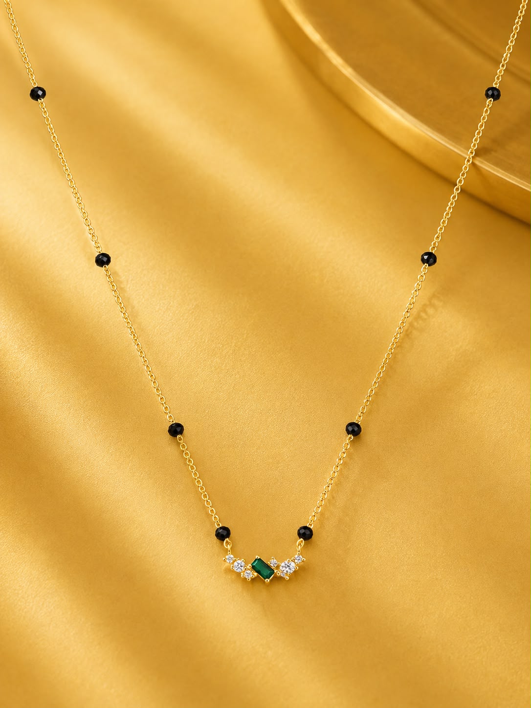 Minimal Black Bead Gold-Plated Mangalsutra with Green Stone & Crystal Accents