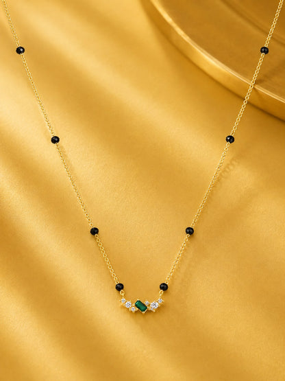 Minimal Black Bead Gold-Plated Mangalsutra with Green Stone & Crystal Accents