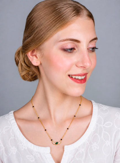 Minimal Black Bead Gold-Plated Mangalsutra with Green Stone & Crystal Accents