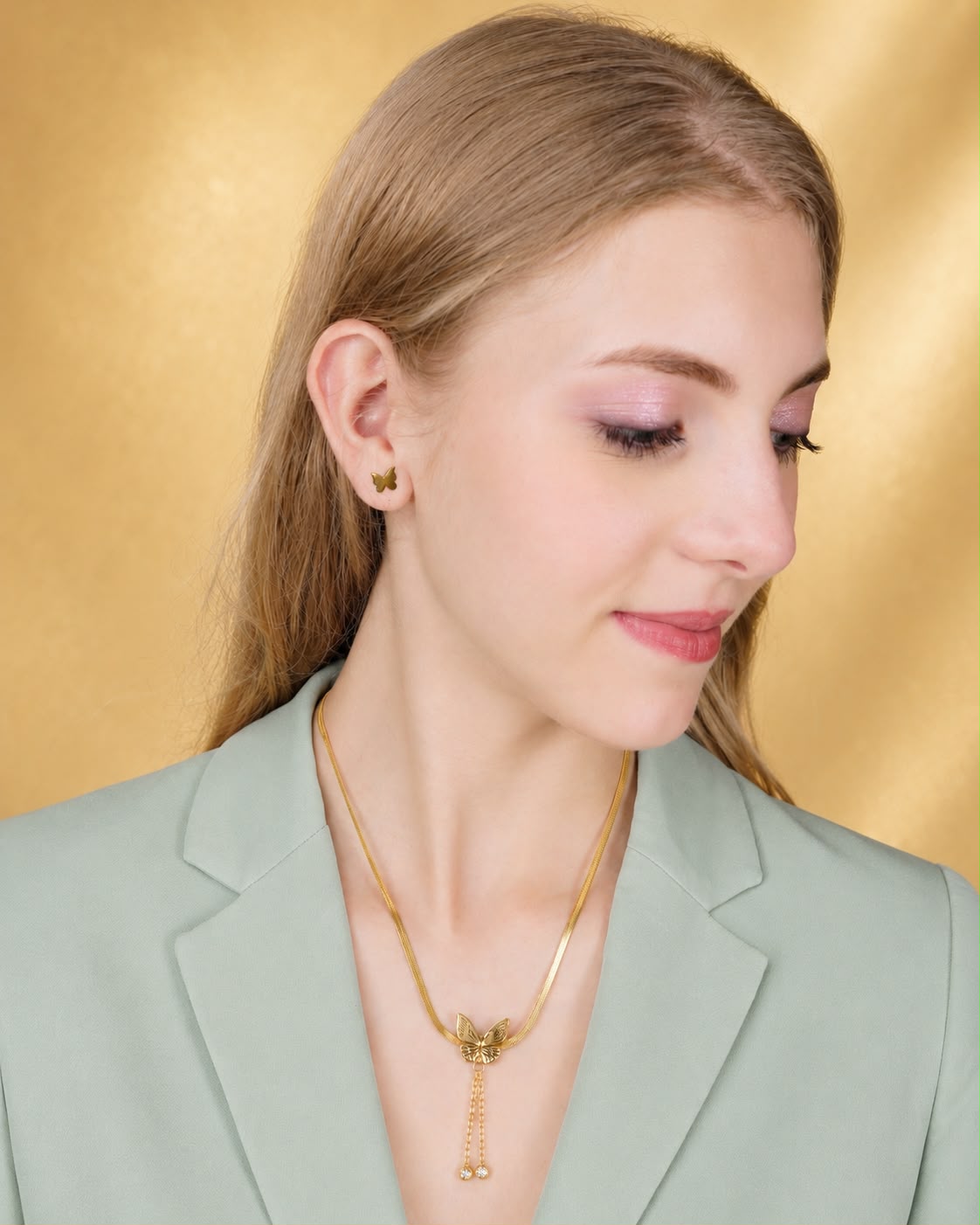 Gold-Plated Butterfly Pendant Necklace & Earrings Jewellery Set