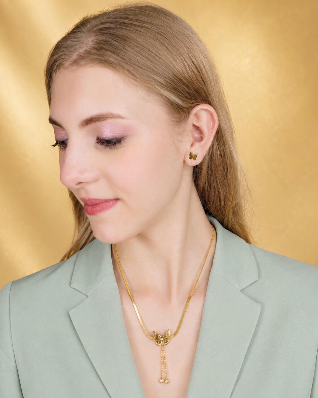 Gold-Plated Butterfly Pendant Necklace & Earrings Jewellery Set
