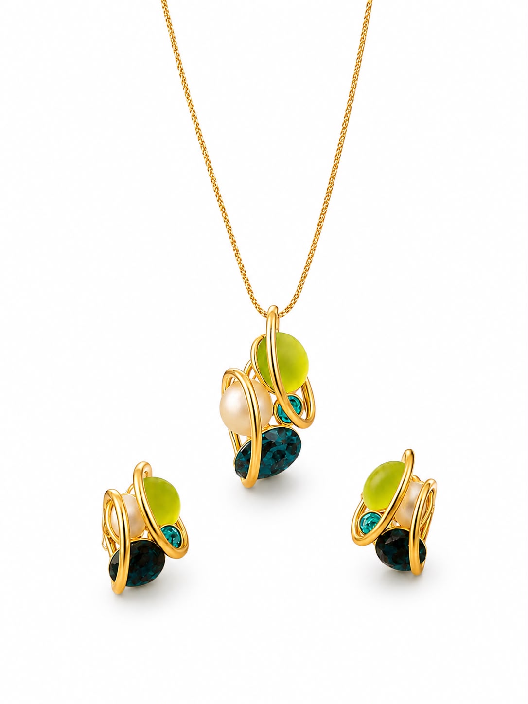 Gold-Plated Crystal Stone-Studded Pendant & Earrings Jewellery Set