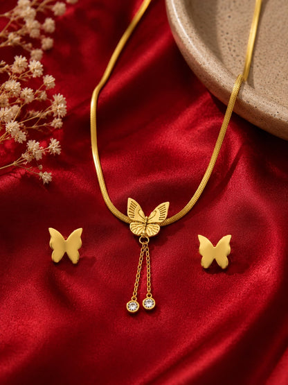 Gold-Plated Butterfly Pendant Necklace & Earrings Jewellery Set