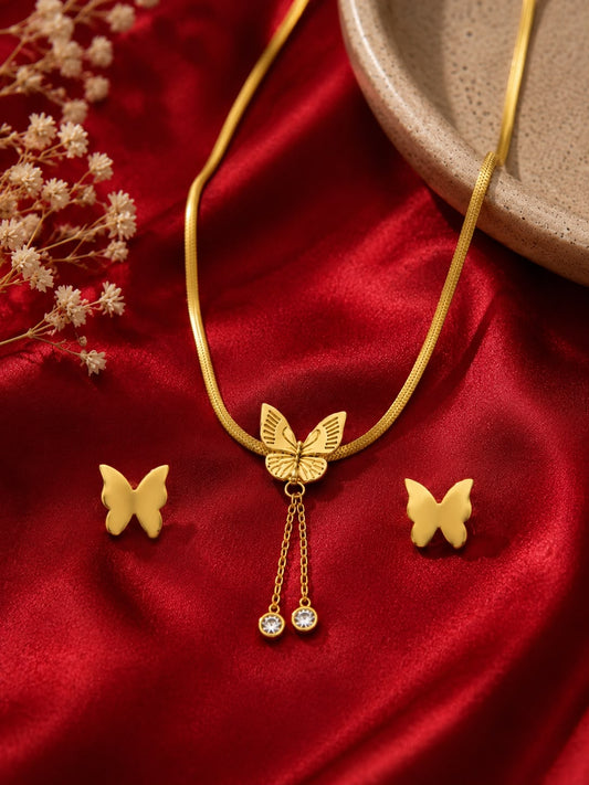 Gold-Plated Butterfly Pendant Necklace & Earrings Jewellery Set