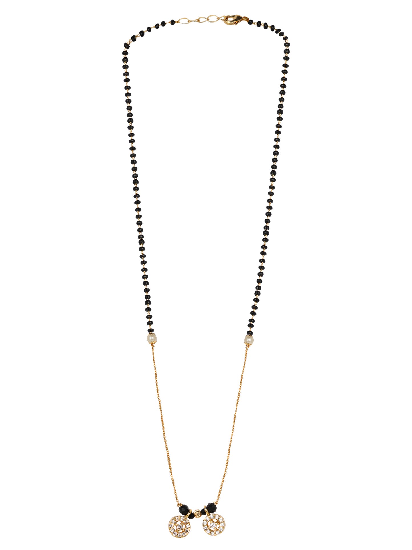 Fancy short mangalsutra design with sparkling wheel pendants, black beads, and delicate pearl accents
