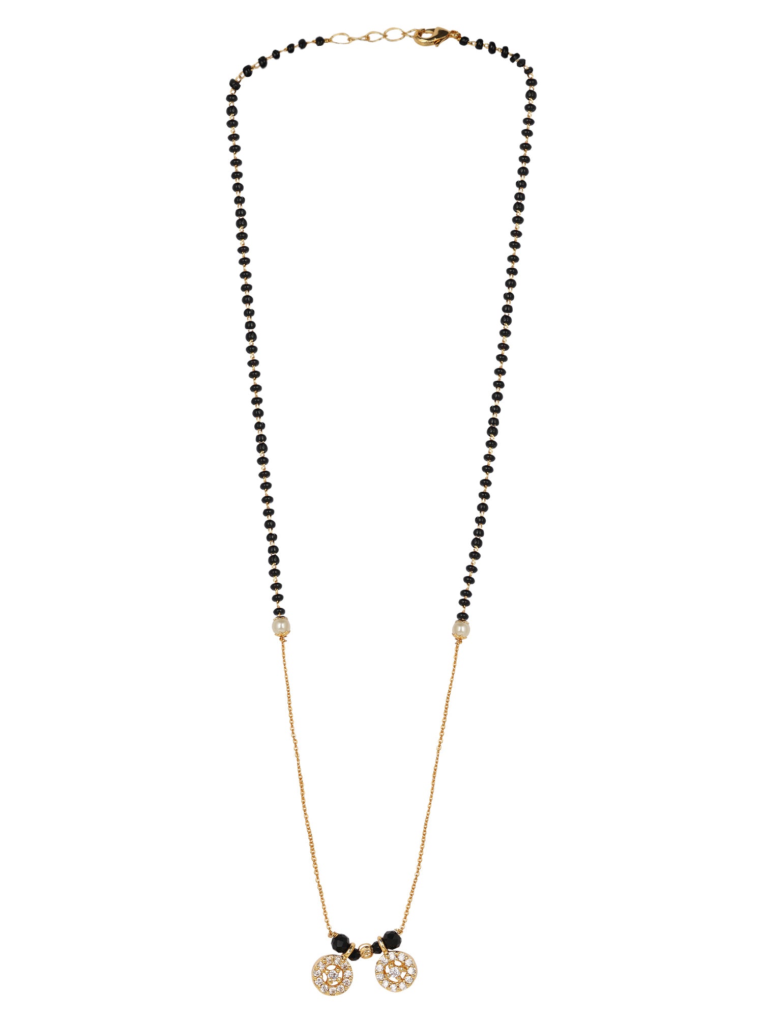 Fancy short mangalsutra design with sparkling wheel pendants, black beads, and delicate pearl accents