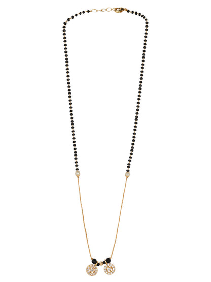 Fancy short mangalsutra design with sparkling wheel pendants, black beads, and delicate pearl accents