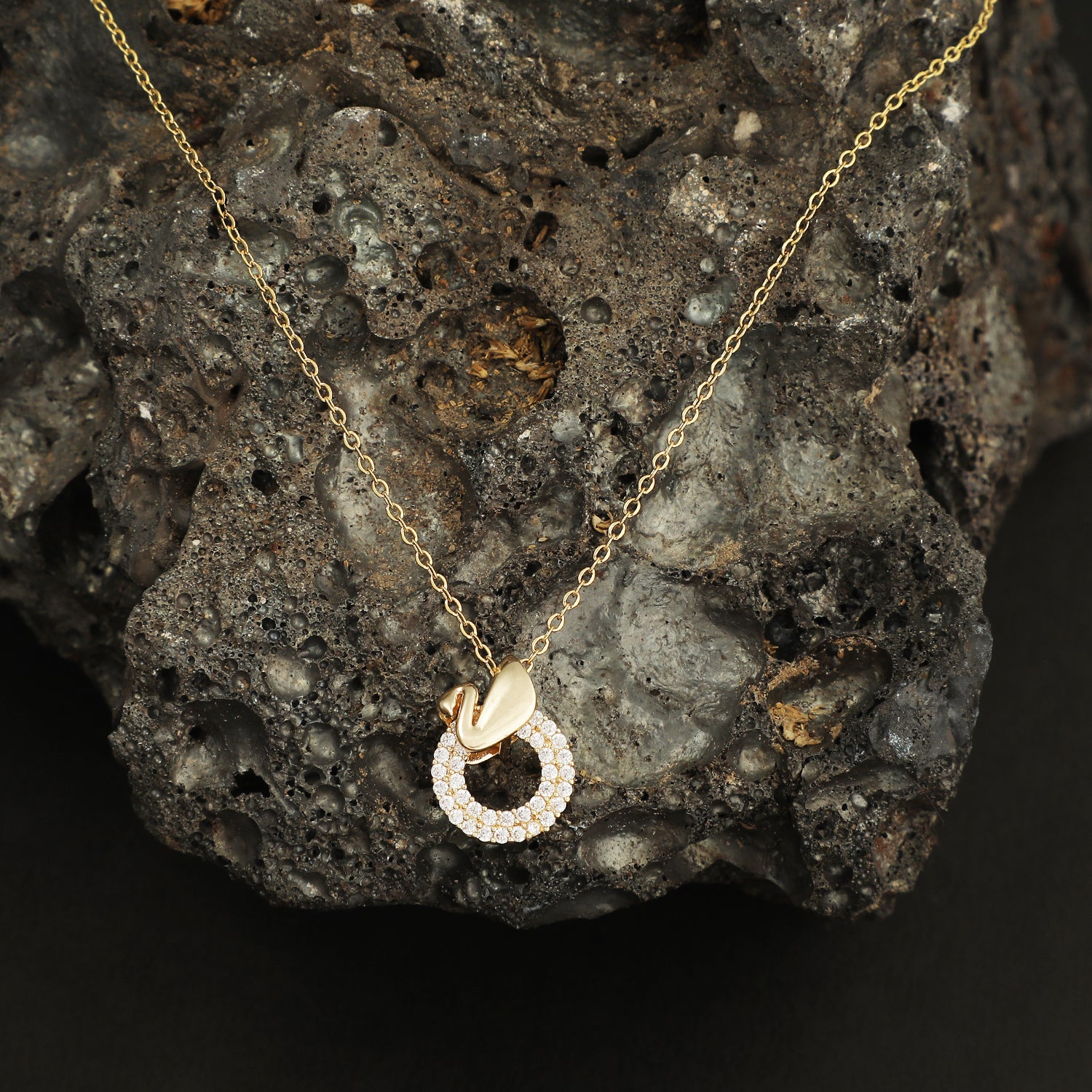 Gold-Tone Circular Charm Necklace with Pave Stones