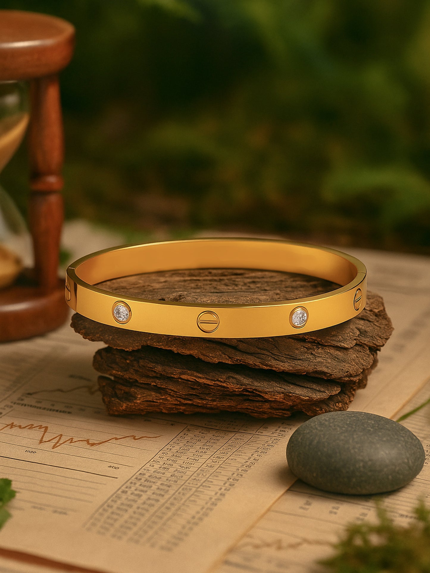 A durable and elegant bracelet for women for daily wear resting on a natural wood piece with a rustic background.