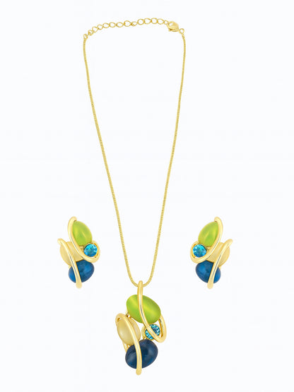 Gold-Plated Crystal Stone-Studded Pendant & Earrings Jewellery Set