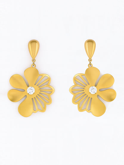 Luxury Gold Floral Drop Earrings with Crystal Shine – Elegant Statement Jewelry