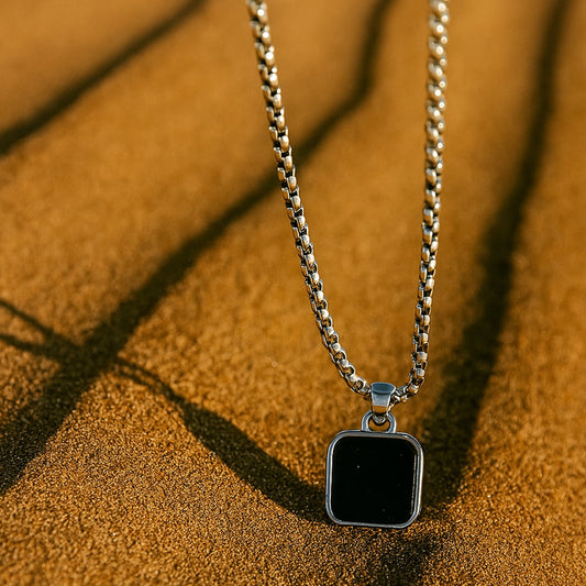 Men's Black Square Pendant Necklace in Stainless Steel
