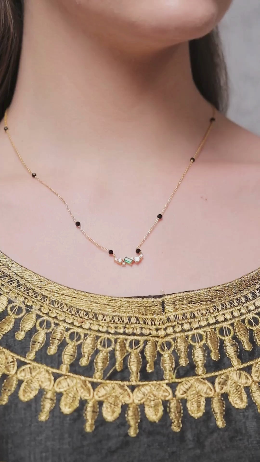 Sleek CZ & Green Stone Black Beads Mangalsutra video