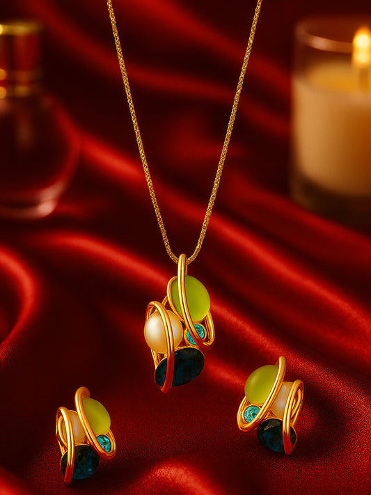 Gold-Plated Crystal Stone-Studded Pendant & Earrings Jewellery Set