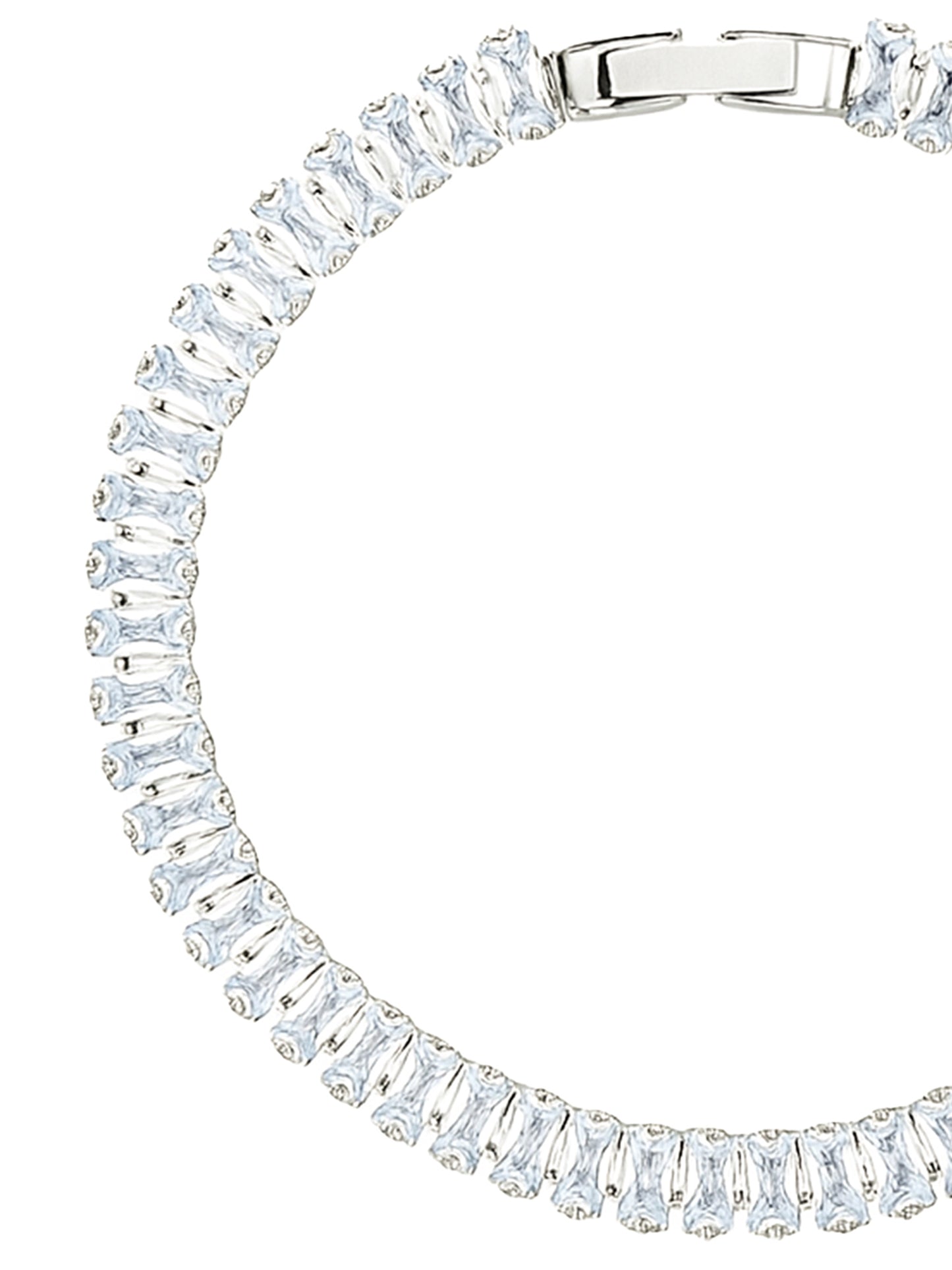 Sterling silver bracelets for women featuring a continuous row of emerald-cut stones in a classic tennis style.