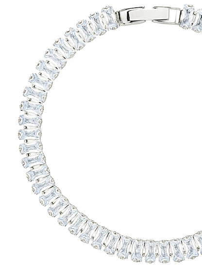 Sterling silver bracelets for women featuring a continuous row of emerald-cut stones in a classic tennis style.